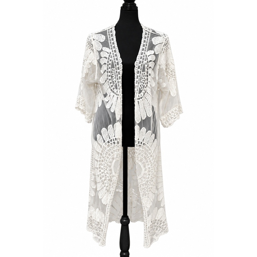 Floral Lace Mesh Longline Kimono Duster Women Small Ivory Boho Sheer